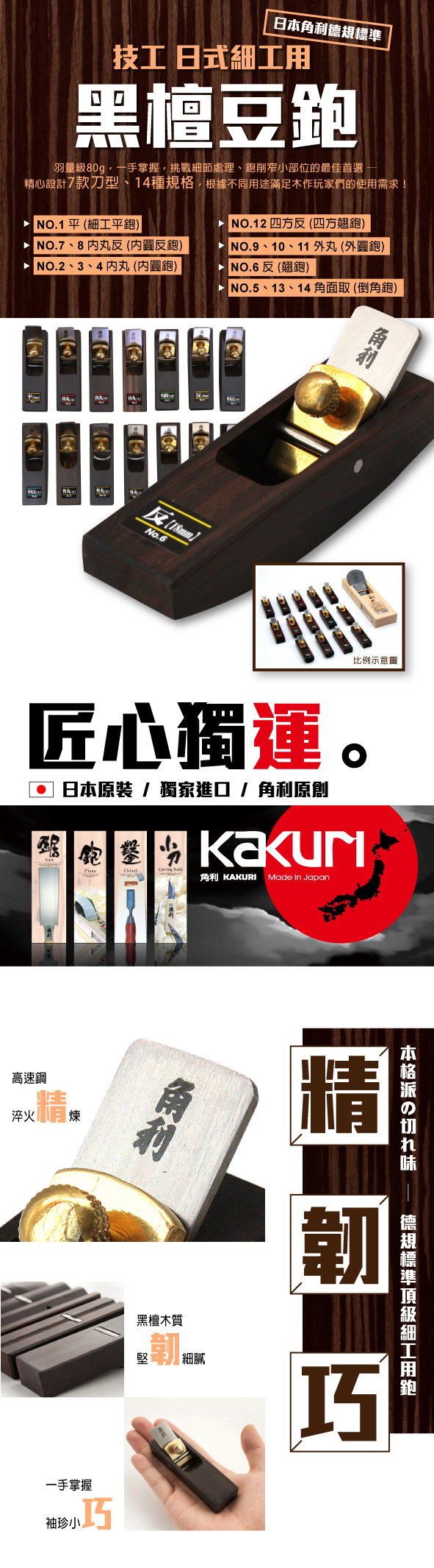 角利 細工用 黒檀豆鉋 No.11 大 外丸